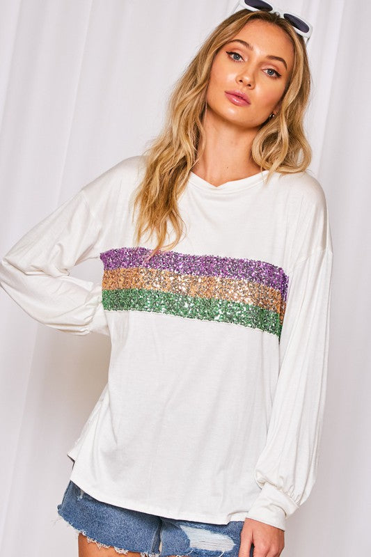 Mardi Gras Color Block Sequin Trim Knit Top XL / White