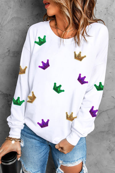 Mardi Gras Crown Sequined Patch Sweatshirt