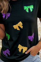 Short Sleeve Mardi Gras Sequin Bow Top