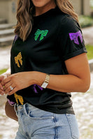 Short Sleeve Mardi Gras Sequin Bow Top