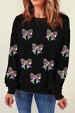 Mardi Gras Sequin Bow Long Sleeve Top