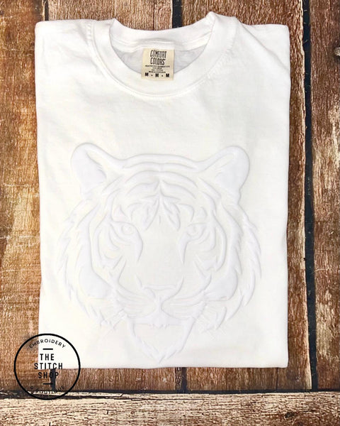 White Puff Tone on Tone Tiger Face Outline Comfort Colors Tee