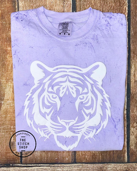 White Puff Tiger Face Outline Comfort Colors Colorblast