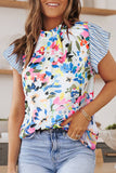 Women Floral Print Striped Ruffled Sleeve Blouse