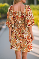 Women Ruffled Puff Short Sleeve Floral Print Dress