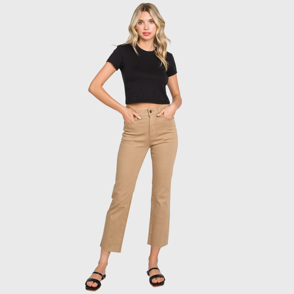 Petra High Rise Stretch Slim Straight Jean with Raw Hem