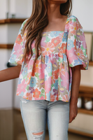 Women Floral Puff Sleeve Square Neck Babydoll Blouse